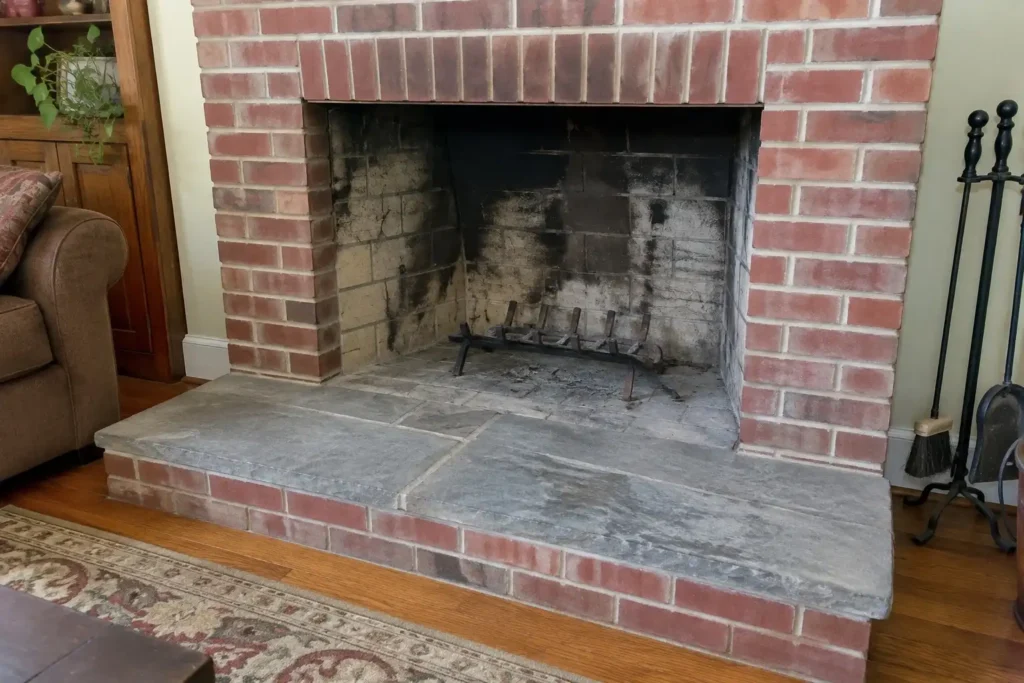 Brick fireplace with a soot-stained firebrick firebox and a stone hearth