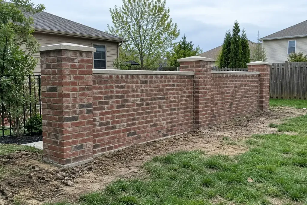 Newly built red brick garden wall with brick columns and light stone caps in a backyard