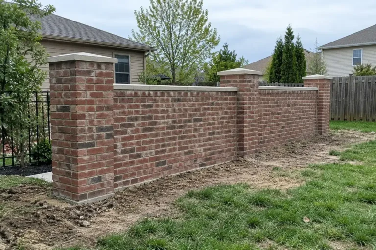 Newly built red brick garden wall with brick columns and light stone caps in a backyard