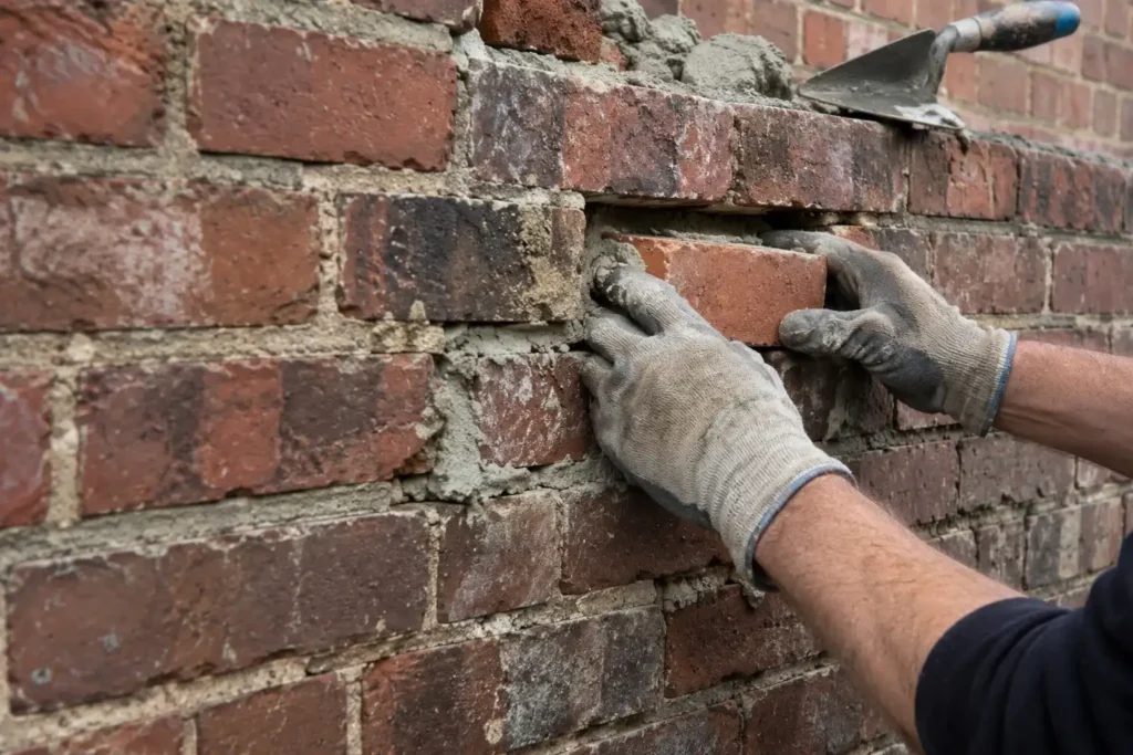 Gloved hands setting a replacement brick into a gap in an older brick wall