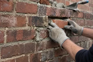 Gloved hands setting a replacement brick into a gap in an older brick wall