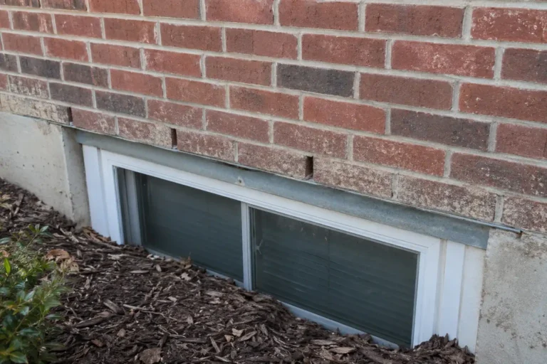 Bottom of a brick veneer wall above a basement window with a steel lintel