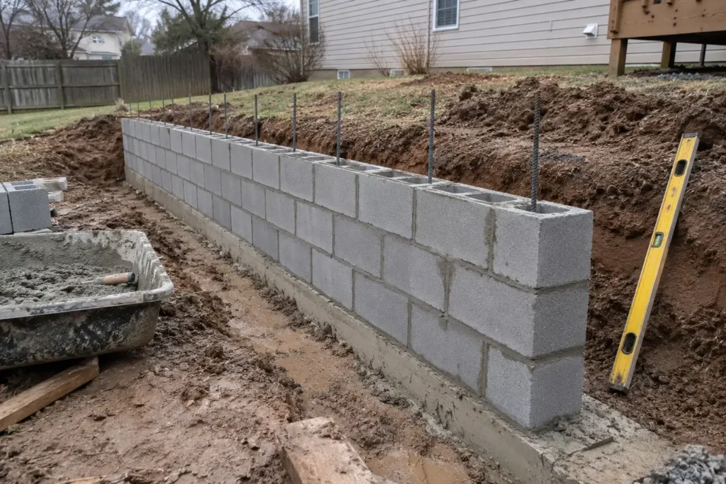 Concrete block wall under construction on a footing, with rebar rising from the block cores