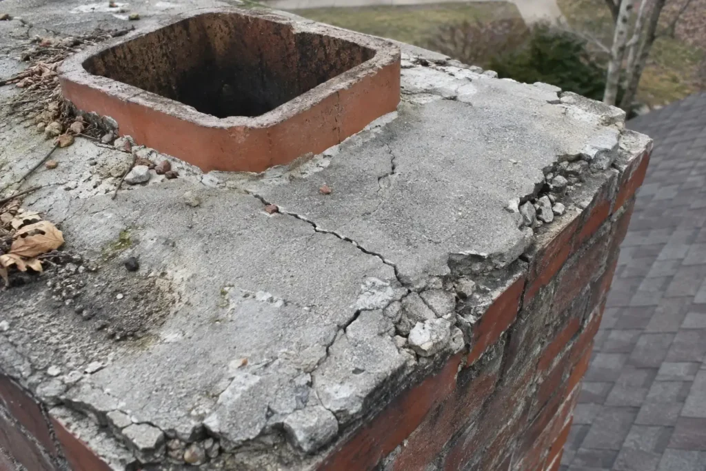 Cracked and crumbling mortar chimney crown around a clay flue tile