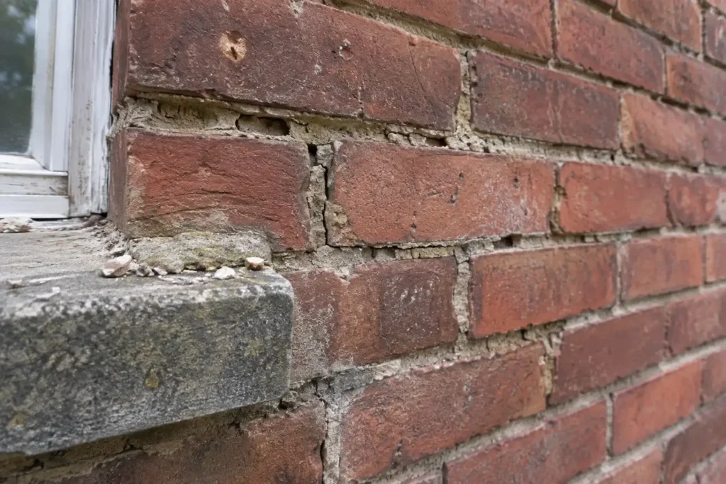 Old red brick wall with recessed, crumbling mortar joints beside a stone window sill