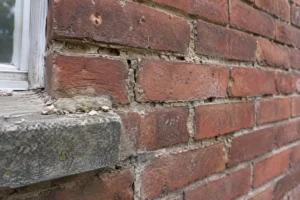 Old red brick wall with recessed, crumbling mortar joints beside a stone window sill