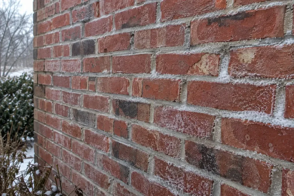 Frost on red brick and mortar joints on a cold winter morning