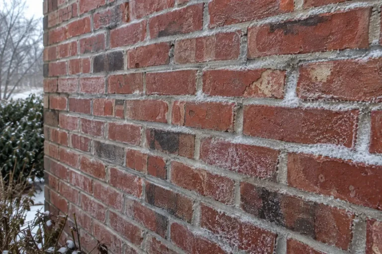 Frost on red brick and mortar joints on a cold winter morning