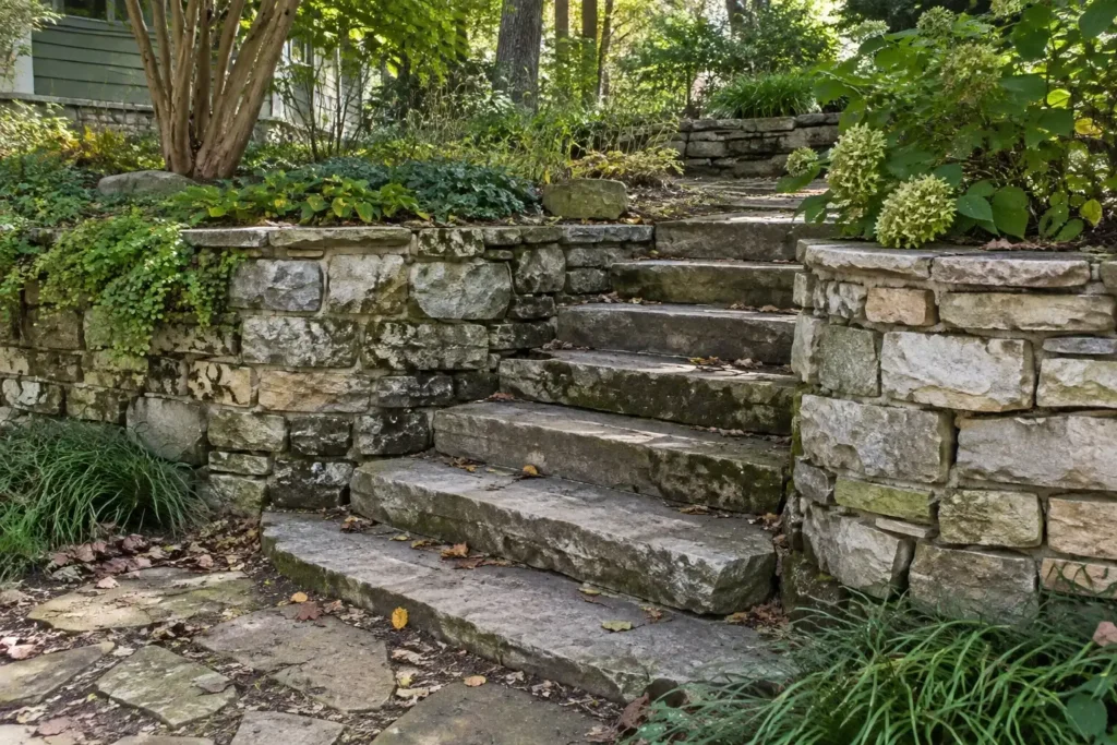 Natural limestone garden wall with broad stone steps through a wooded yard