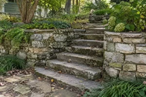 Natural limestone garden wall with broad stone steps through a wooded yard