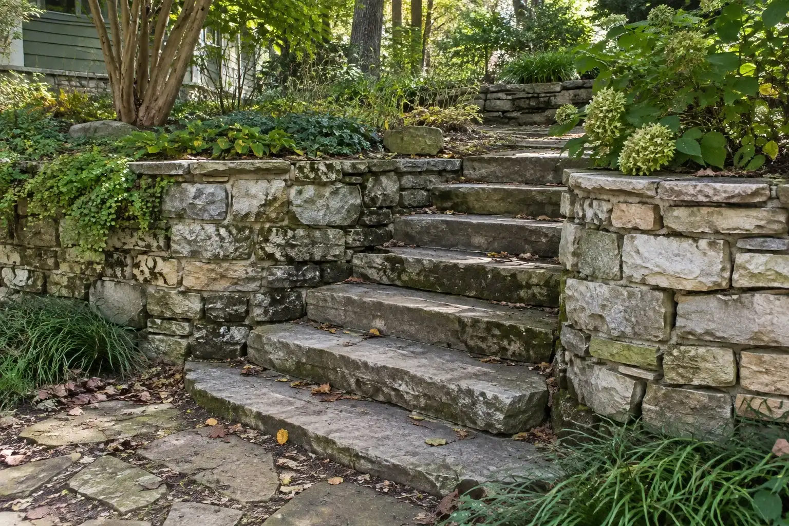 Natural limestone garden wall with broad stone steps through a wooded yard