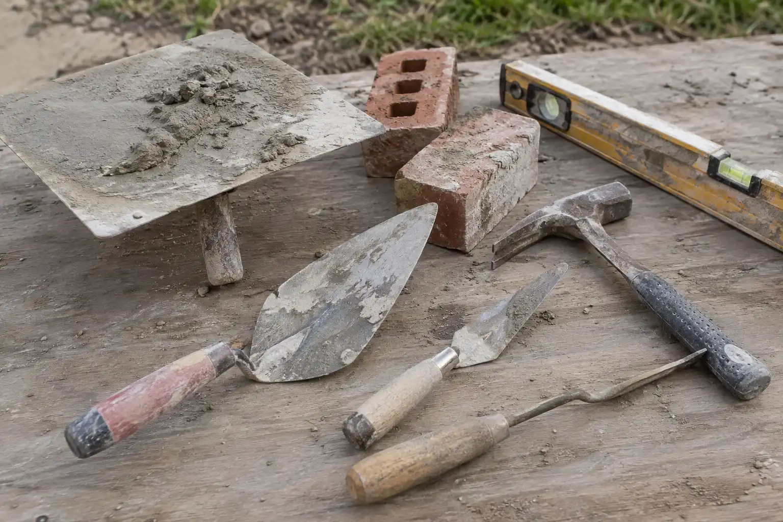 Well-used masonry tools and bricks on a dusty wooden plank