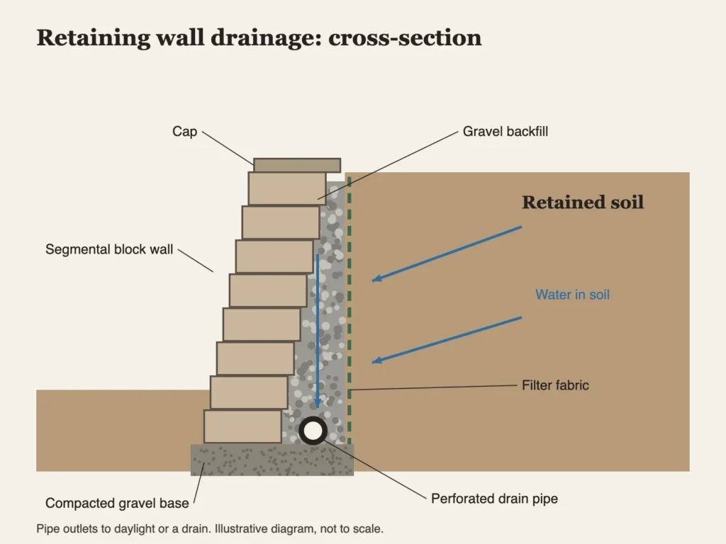 Cross-section diagram of a retaining wall showing cap, block wall, gravel backfill, filter fabric, perforated drain pipe, and compacted base