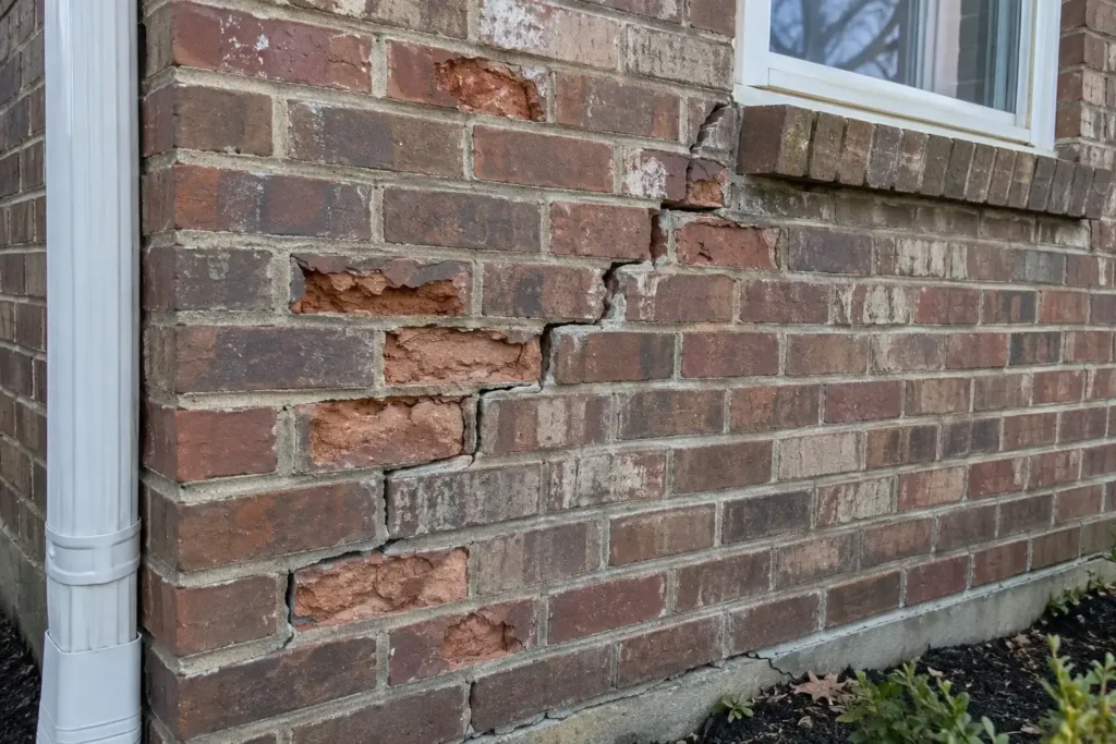 Brick wall with spalled brick faces and a stair-step crack running through the mortar joints