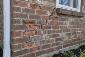 Brick wall with spalled brick faces and a stair-step crack running through the mortar joints