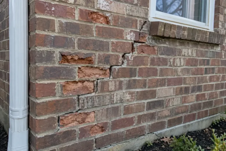 Brick wall with spalled brick faces and a stair-step crack running through the mortar joints