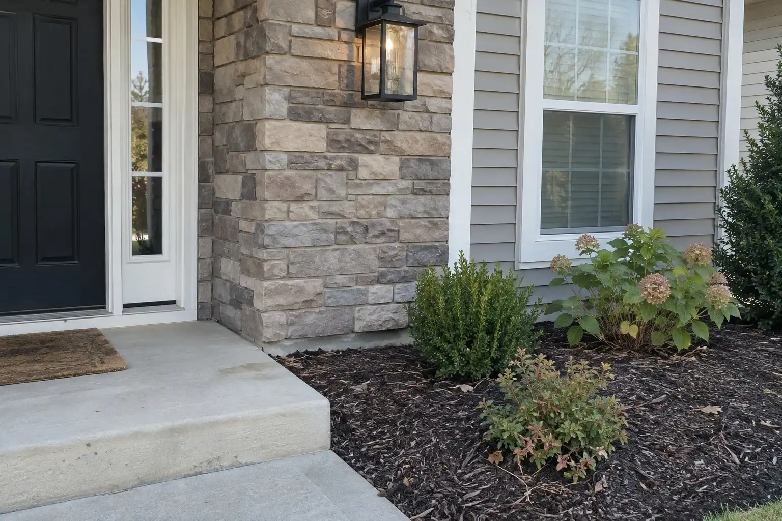 Manufactured stacked-stone veneer beside a front door, meeting vinyl siding above a mulch bed