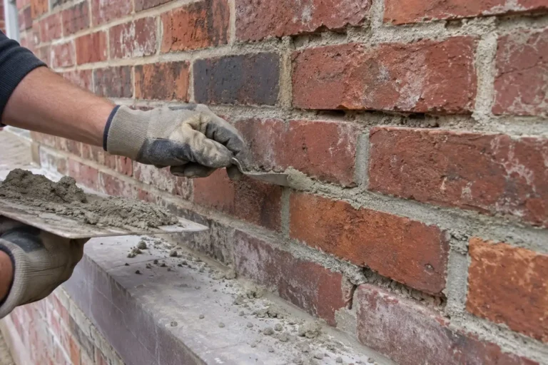Mason in work gloves pressing fresh mortar into a raked-out brick joint with a pointing trowel